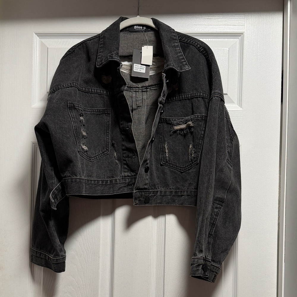 Blue Spice Charcoal Denim Cropped Jacket With Rhinestone Fringe Size S/M